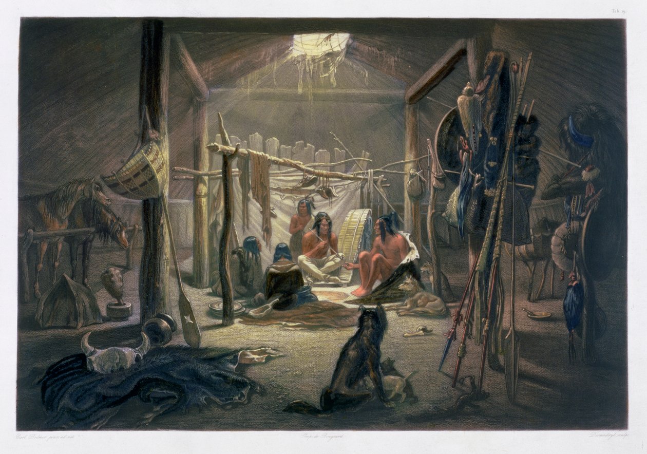 „Interiér chatrče Mandanského náčelníka“, 1843 od Narcisse Desmadryl