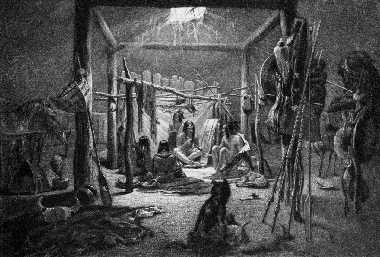 Chýše náčelníka Mandanů - (Interiér) obydlí původních obyvatel Ameriky od Narcisse Edmond Joseph Desmadryl