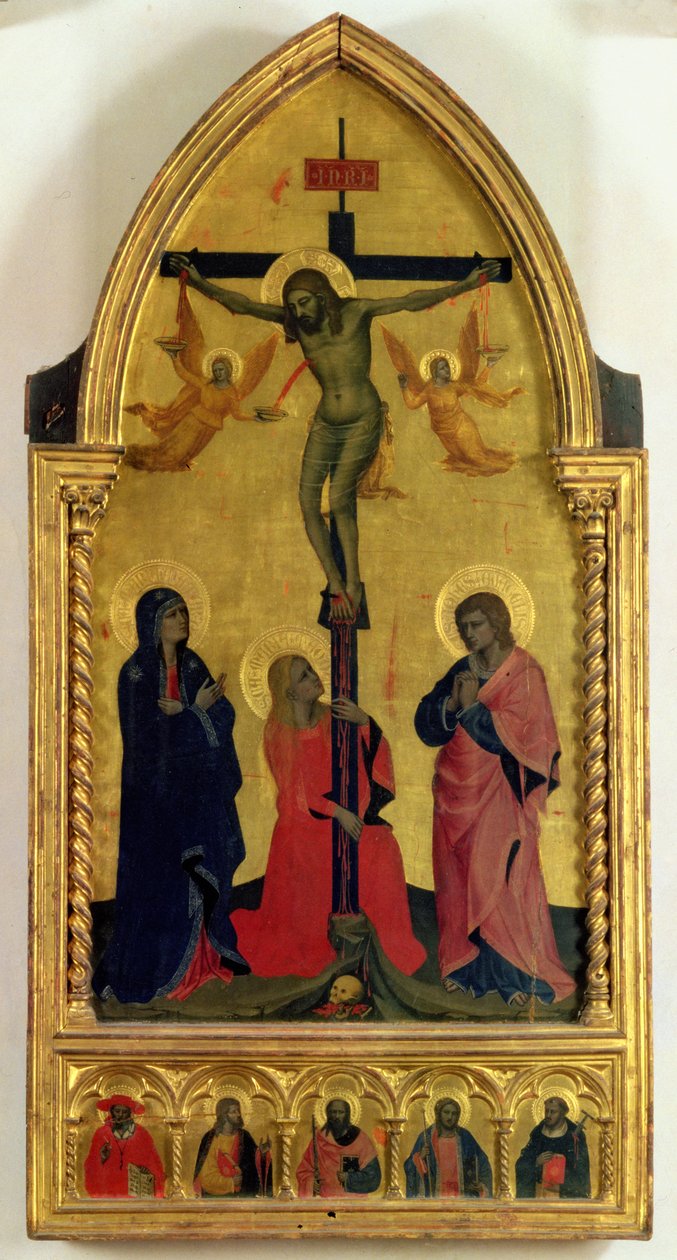 Ukřižování s truchlícími a svatou Marií Magdalenou, panel predelly zobrazující sv. Jeronýma, Pavla, Jakuba, Petra a neznámého světce (tempera na desce). od Nardo di Cione Orcagna