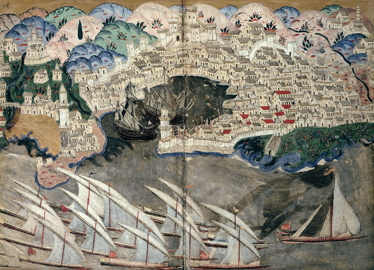 Osmanská flotila blokující přístav Marseille v roce 1543 od Nasuh Al Silahi