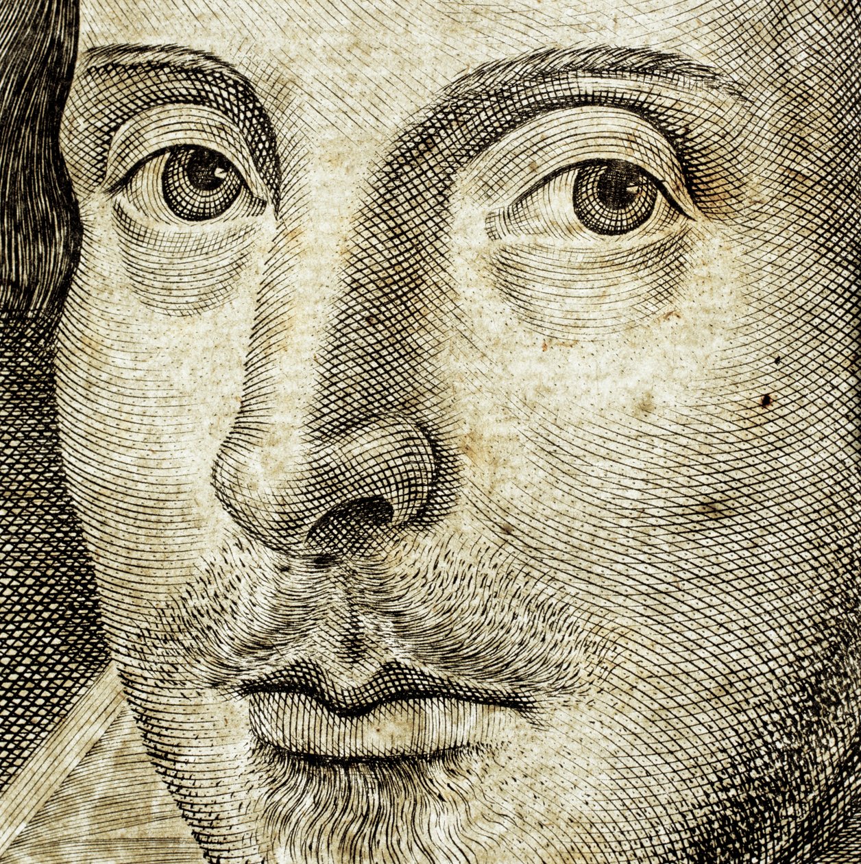 Detail portrétu Williama Shakespeara na frontispisu knihy Komedie, historie a... od Nathan Benn