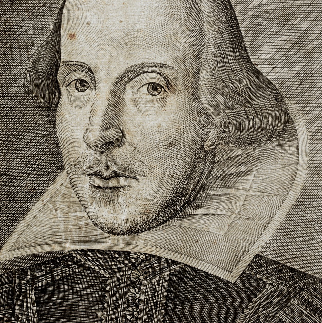 Detail portrétu Williama Shakespeara na frontispisu knihy Komedie, historie a... od Nathan Benn