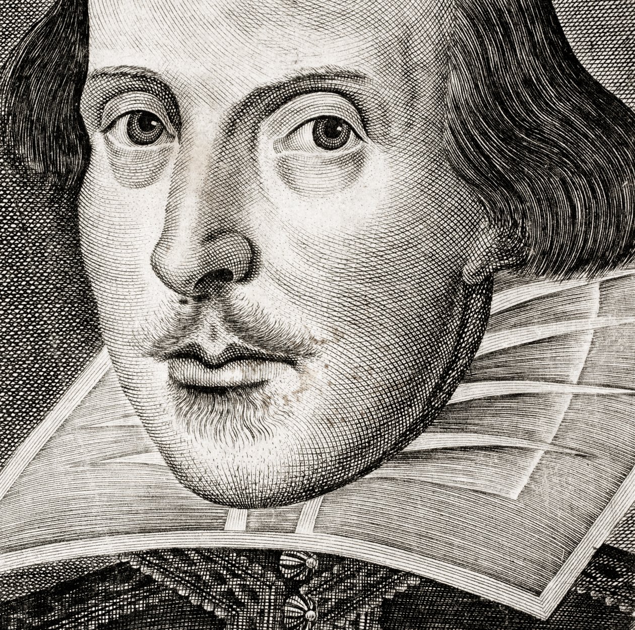 Detail portrétu Williama Shakespeara na frontispisu knihy Komedie, historie a... od Nathan Benn
