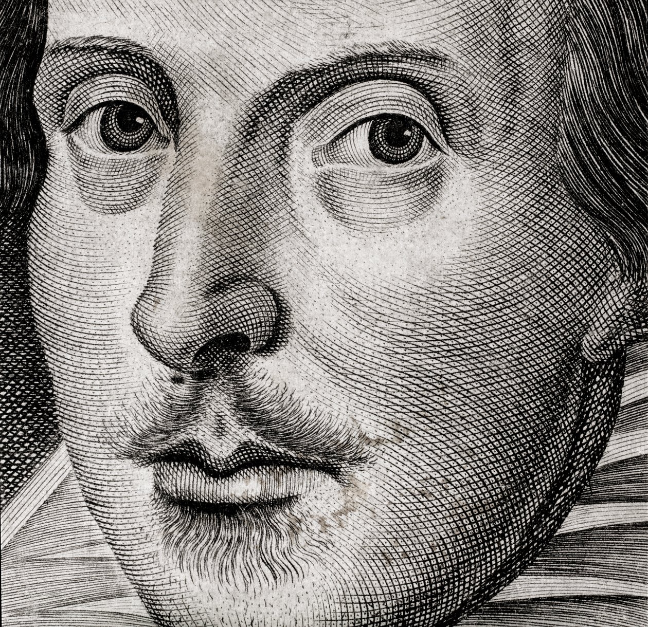 Detail portrétu Williama Shakespeara na frontispisu knihy Komedie, historie a... od Nathan Benn
