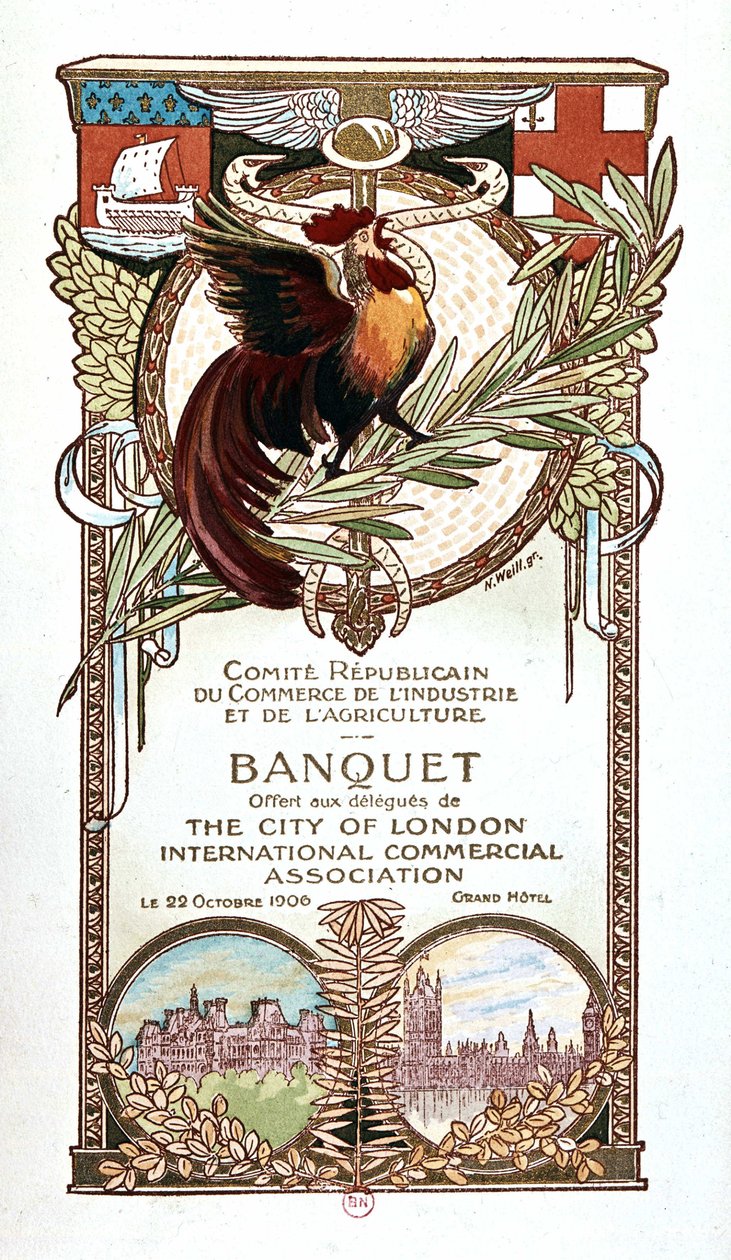 Kohout a památky, banketní menu Republikového výboru pro obchod, průmysl a zemědělství nabízené 22.11.1906 delegátům mezinárodní obchodní asociace City of London od Nathan Weill