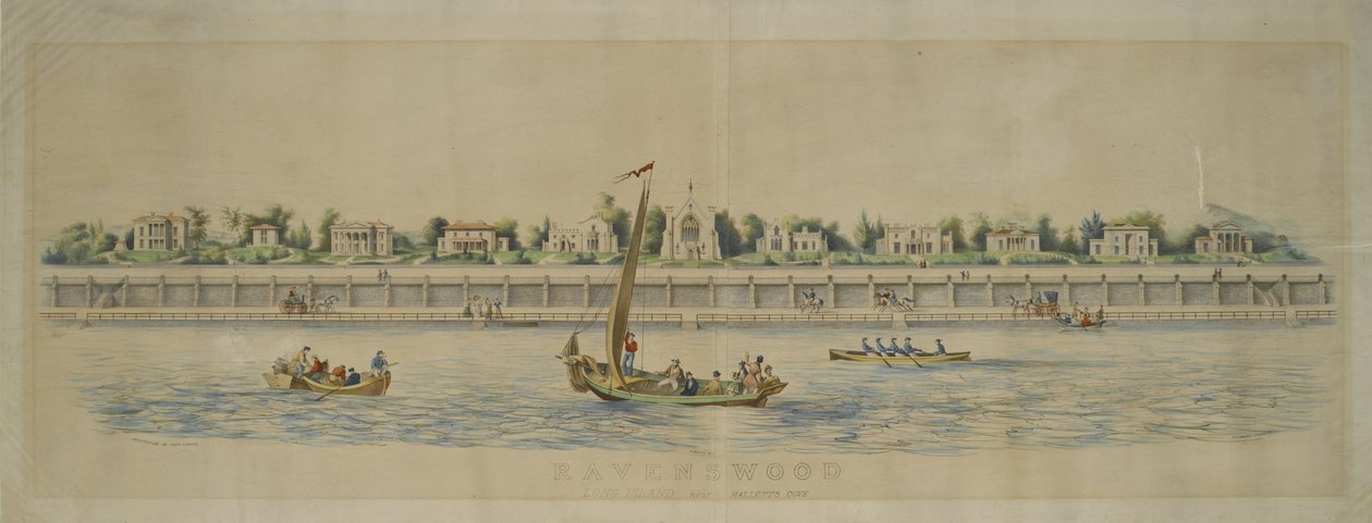 Ravenswood, Long Island, poblíž Hallets Cove (ručně kolorované litho) od Nathaniel Currier