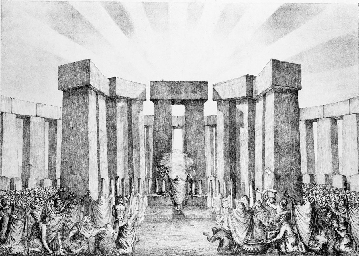 Druidové obětující Slunci ve svém chrámu zvaném Stonehenge, z plánu Stonehenge od Dr. Stukeleyho v Ashmolean Museum v Oxfordu, vyrytého a vydaného autorem. od Nathaniel Whittock