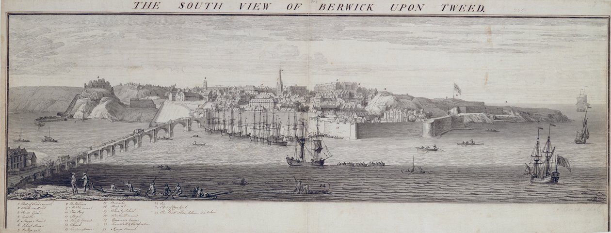 Jižní pohled na Berwick Upon Tweed, kolem 1743-45 (pero a inkoust a pero na papíře) od Nathaniel and Samuel Buck