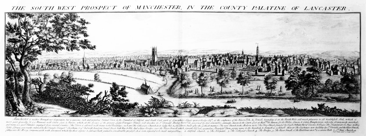 South West Prospect of Manchester na hrabství Palatine of Lancaster, 1728 od Nathaniel and Samuel Buck