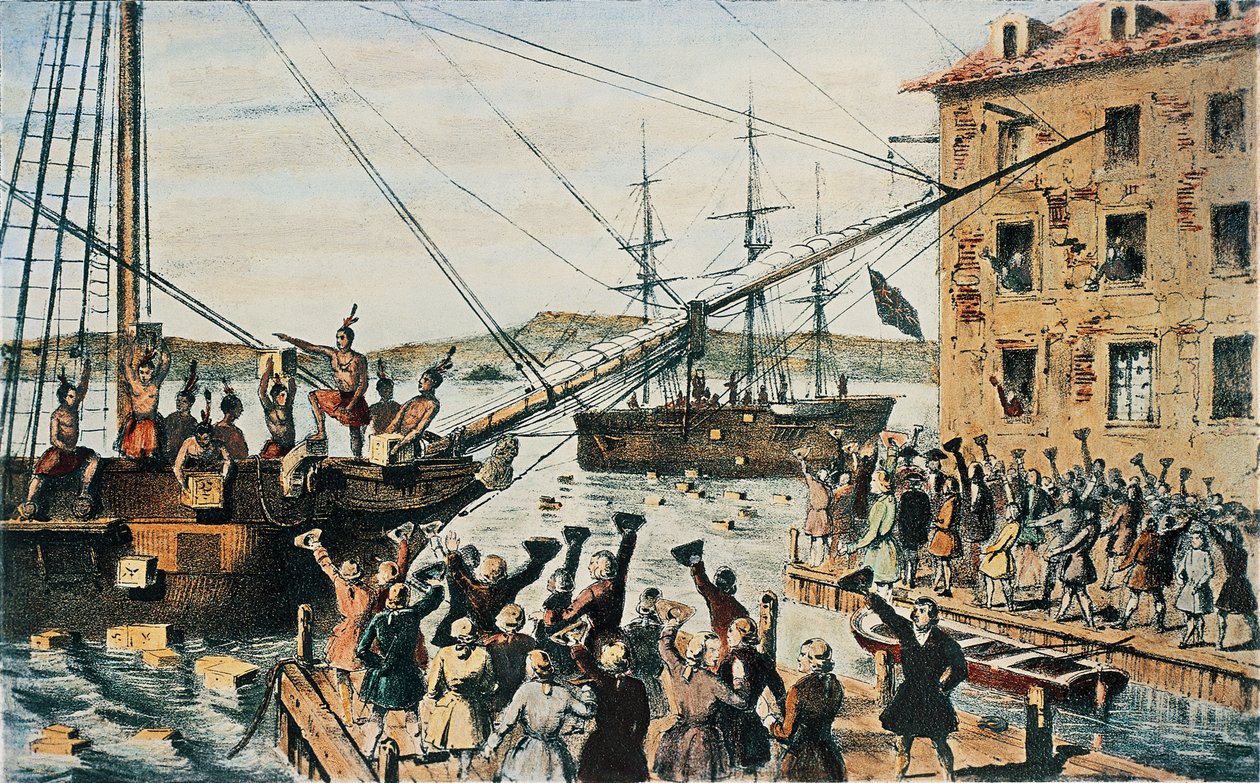 Boston Tea Party, anglické čajové truhly hozené přes palubu v Boston Harbor kolonisty, 16. prosince od Nathaniel (after) Currier