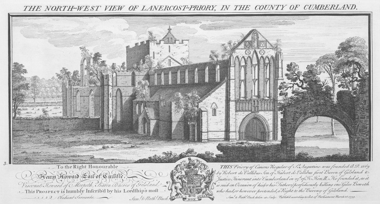 „North West View of Lanercost Priory v hrabství Cumberland“, 1739 od Nathaniel Buck