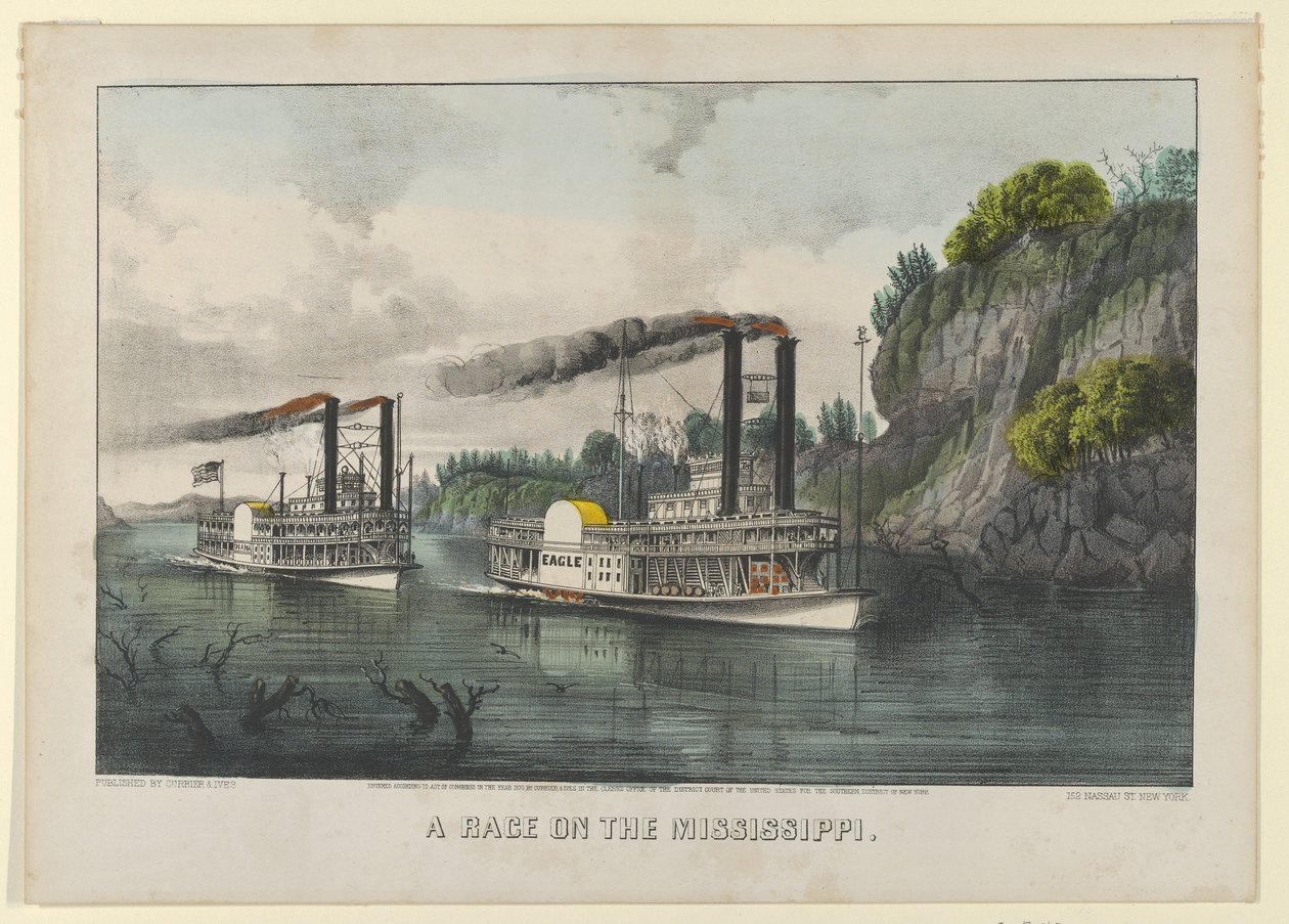 A Race on the Mississippi, 1870., 1870. Tvůrci: Nathaniel Currier, James Merritt Ives, Currier a Ives. od Currier and Ives