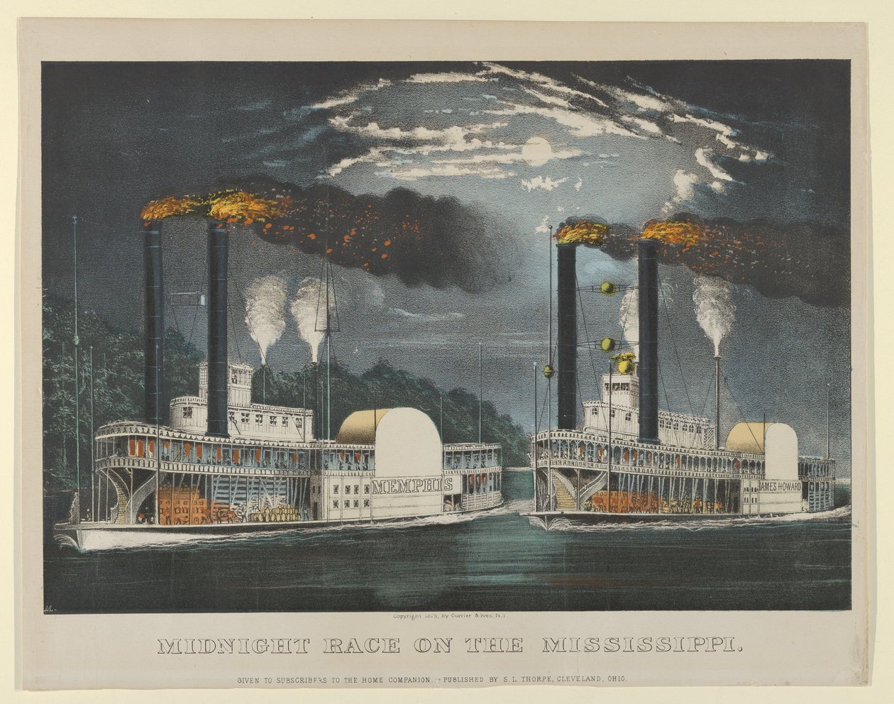 Půlnoční závod na Mississippi, 1875., 1875. Tvůrci: Nathaniel Currier, James Merritt Ives, Currier a Ives. od Currier and Ives