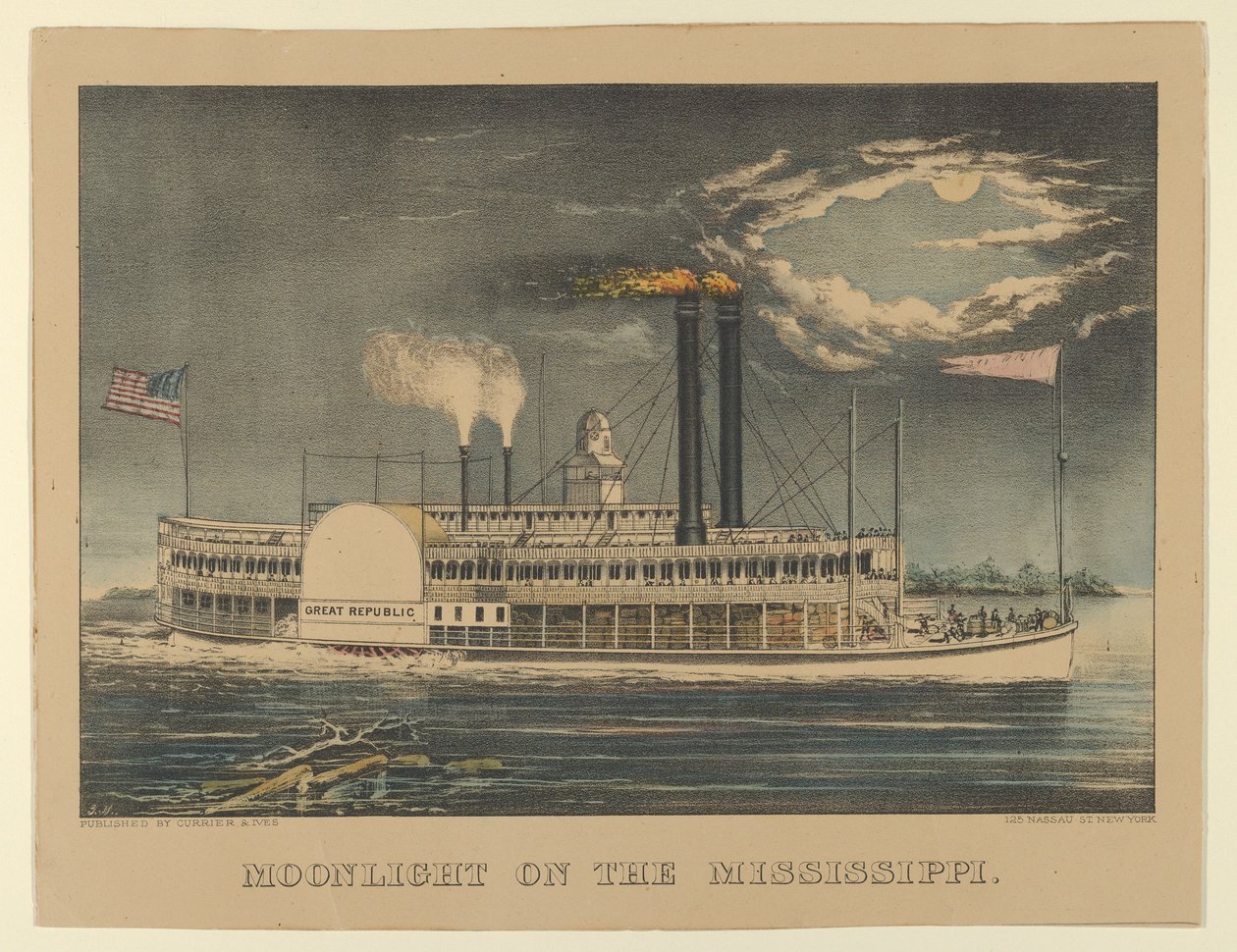 Měsíční svit na Mississippi, 1872-74., 1872-74. Tvůrci: Nathaniel Currier, James Merritt Ives, Currier a Ives. od Currier and Ives