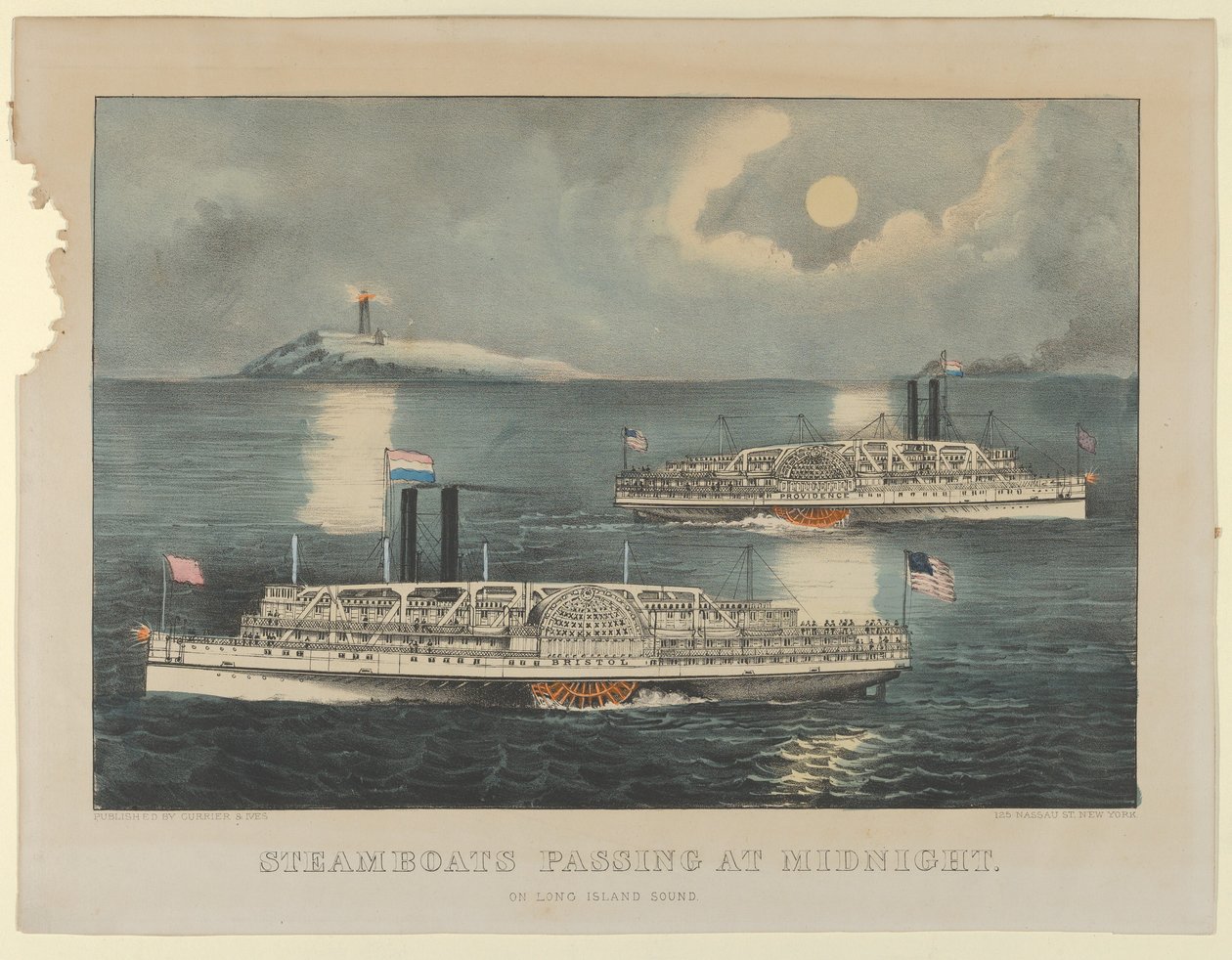 Parníky proplouvající o půlnoci - na Long Island Sound, 1872-74., 1872-74. Tvůrci: Nathaniel Currier, James Merritt Ives, Currier a Ives. od Currier and Ives