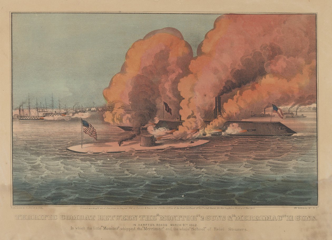 Skvělý boj mezi monitorem 2 Guns & Merrimac 11 Guns - In Hampton Roads March..., 1862. Tvůrci: Nathaniel Currier, James Merritt Ives, Currier a Ives. od Currier and Ives