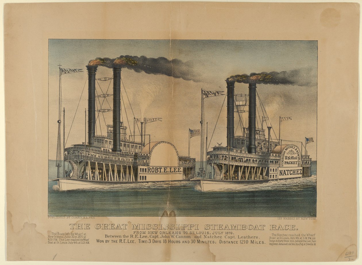 Velký závod parníků v Mississippi – z New Orleans do St. Louis, červenec 1870 – mezi t..., 1872-74. Tvůrci: Nathaniel Currier, James Merritt Ives, Currier a Ives. od Currier and Ives