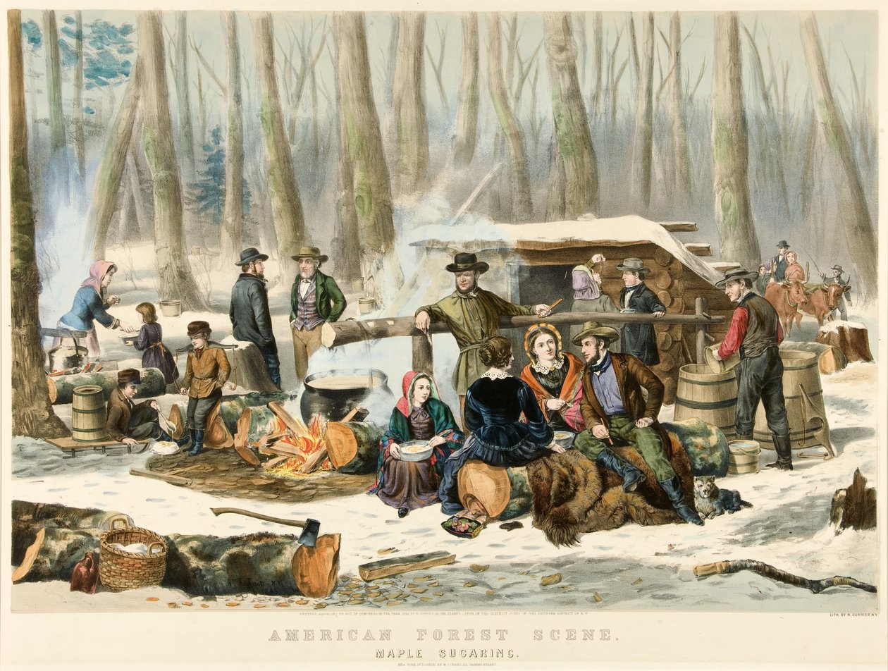 Americká lesní scéna - Maple Sugaring, hospoda. 1855 od Nathaniel Currier