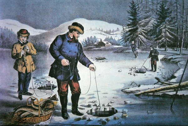 American Pioneer Life: Fishing Through Ice Hole od Nathaniel Currier