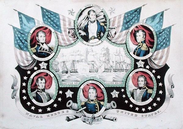 Bitva u jezera Erie s portréty hrdinů amerického námořnictva od Nathaniel Currier