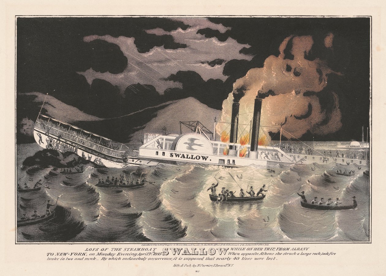 Ztráta parníku Swallow na cestě z Albany do New Yorku, 1845 od Nathaniel Currier
