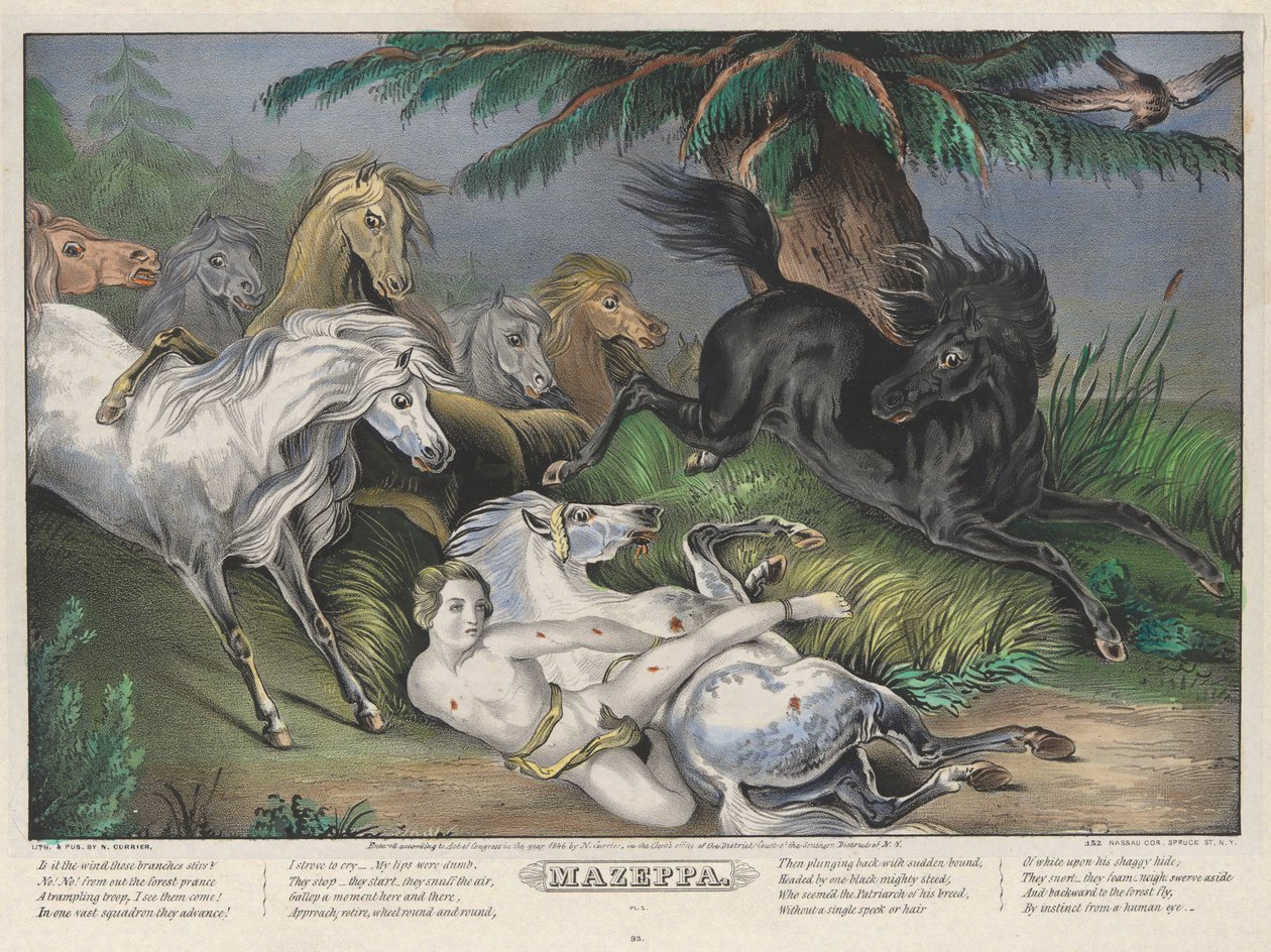 Mazeppa: Talíř 3 ze sady čtyř (4) talířů (Obklopeno divokými koňmi) od Nathaniel Currier