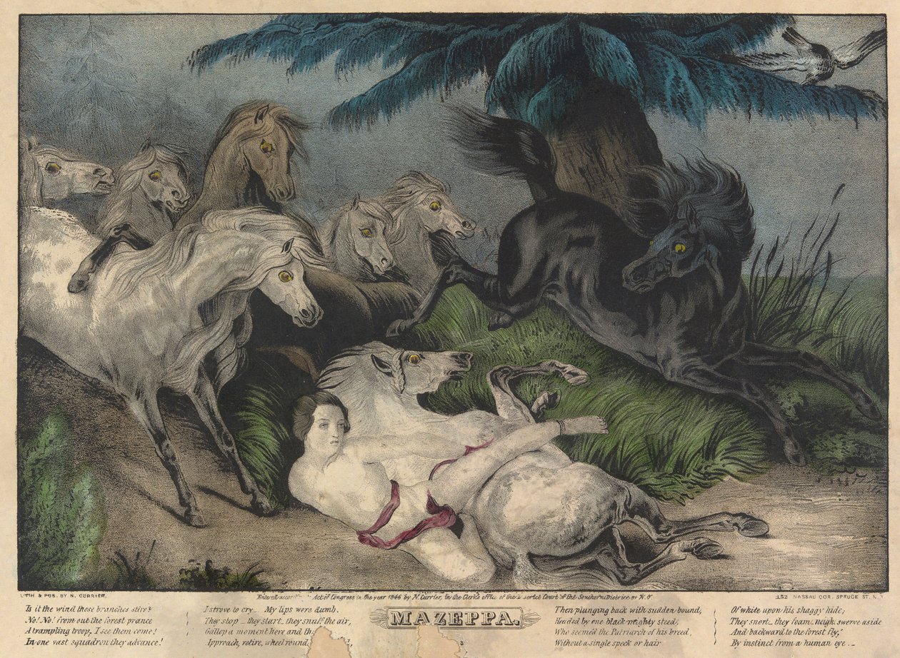 Mazeppa, deska 3 (obklopen divokými koňmi) od Nathaniel Currier