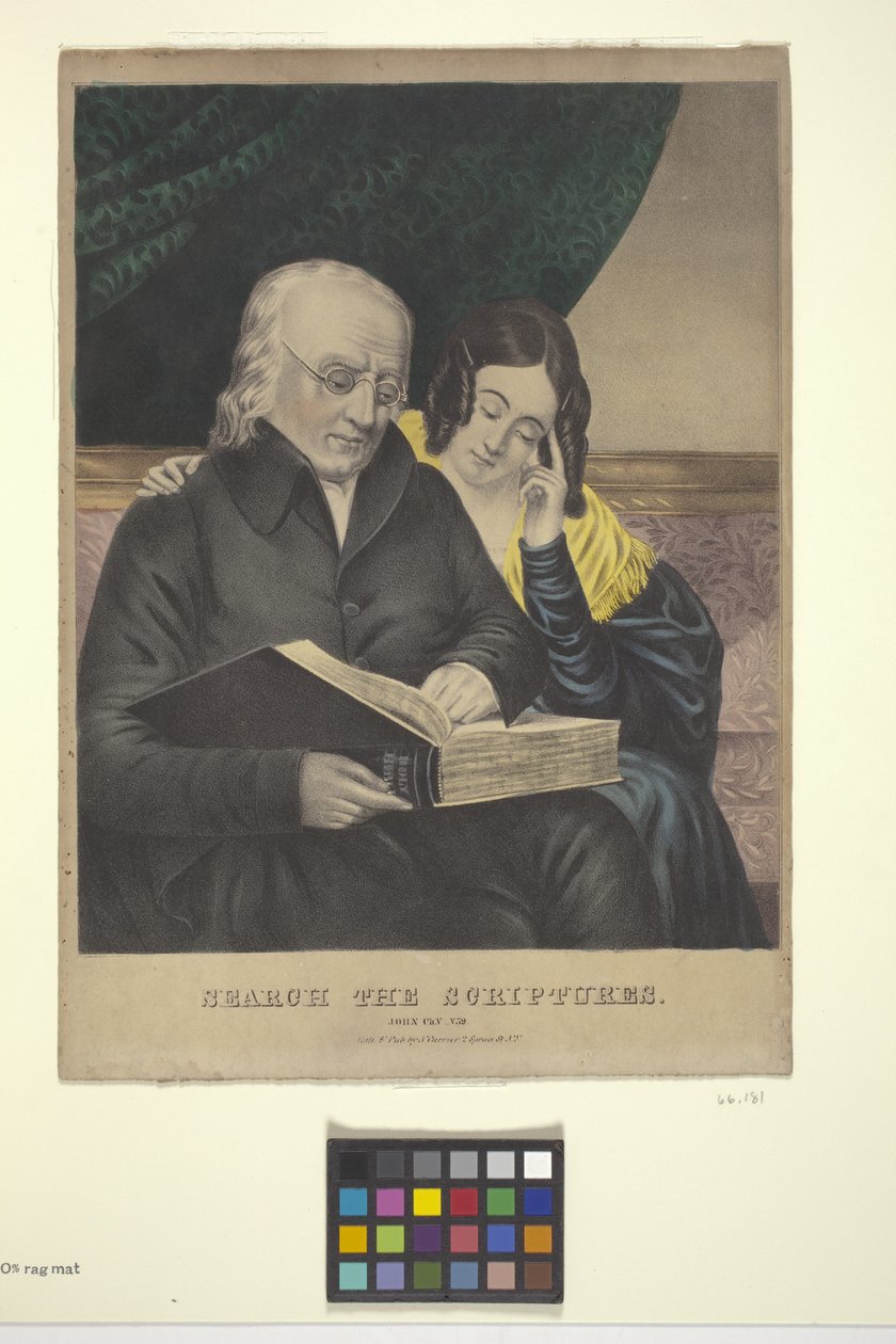 Search The Scriptures (ručně kolorovaná litografie) od Nathaniel Currier