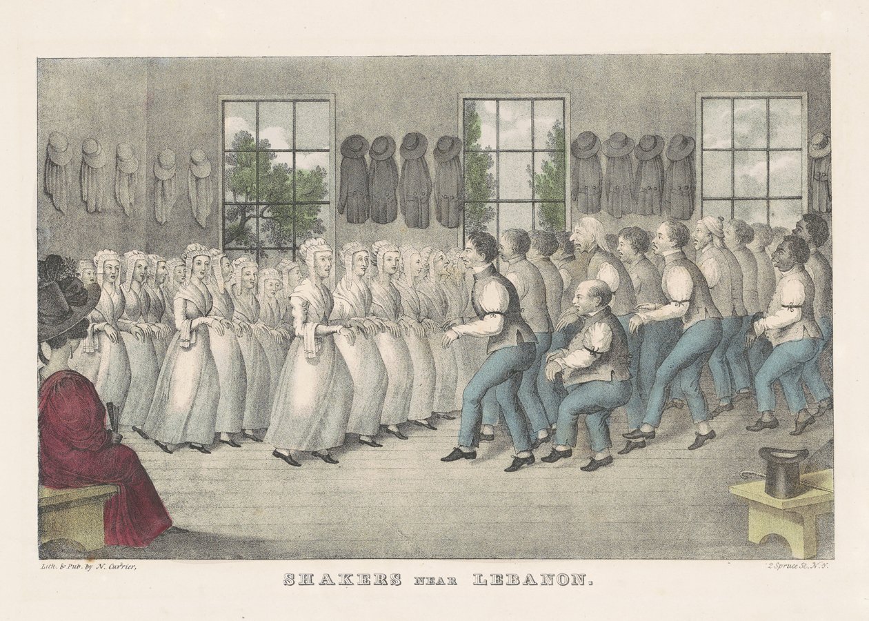 Shakeři u Libanonu, asi 1830 (ručně kolorovaná litografie) od Nathaniel Currier