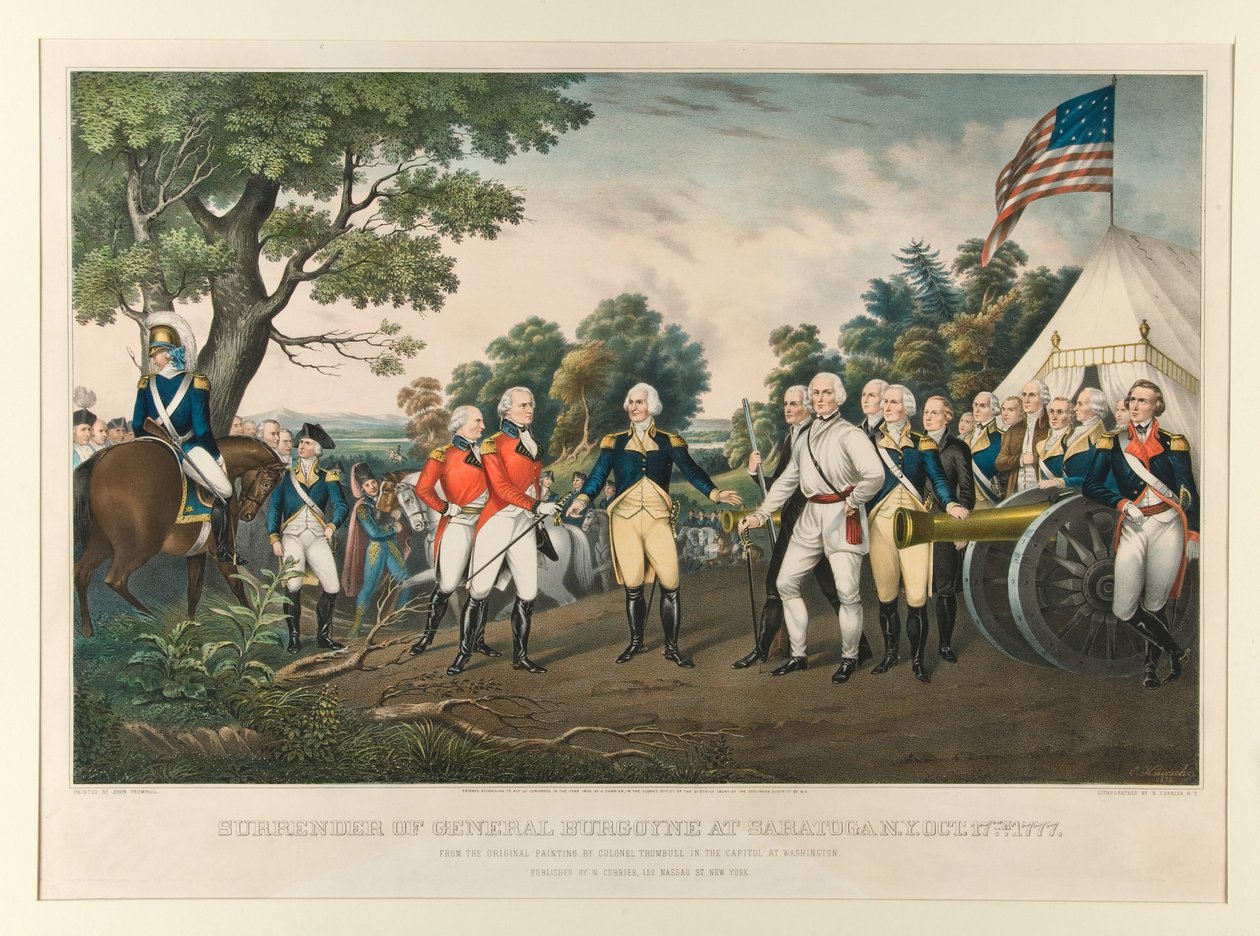 Kapitulace generála Burgoynea v Saratoze ve státě New York, 17. října 1777 / Podle originálního obrazu plukovníka Trumbulla v Kapitolu ve Washingtonu. Autor: John Trumbull od Nathaniel Currier