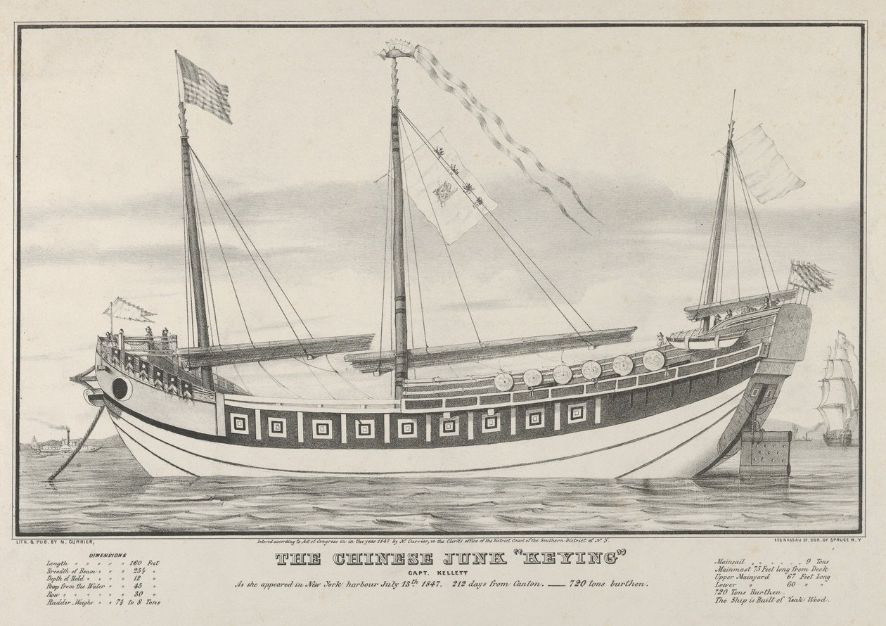 Čínský Junk Keying – kapitán Kellett – Jak se objevila v newyorském přístavu 13. července 1..., 1847. od Nathaniel Currier