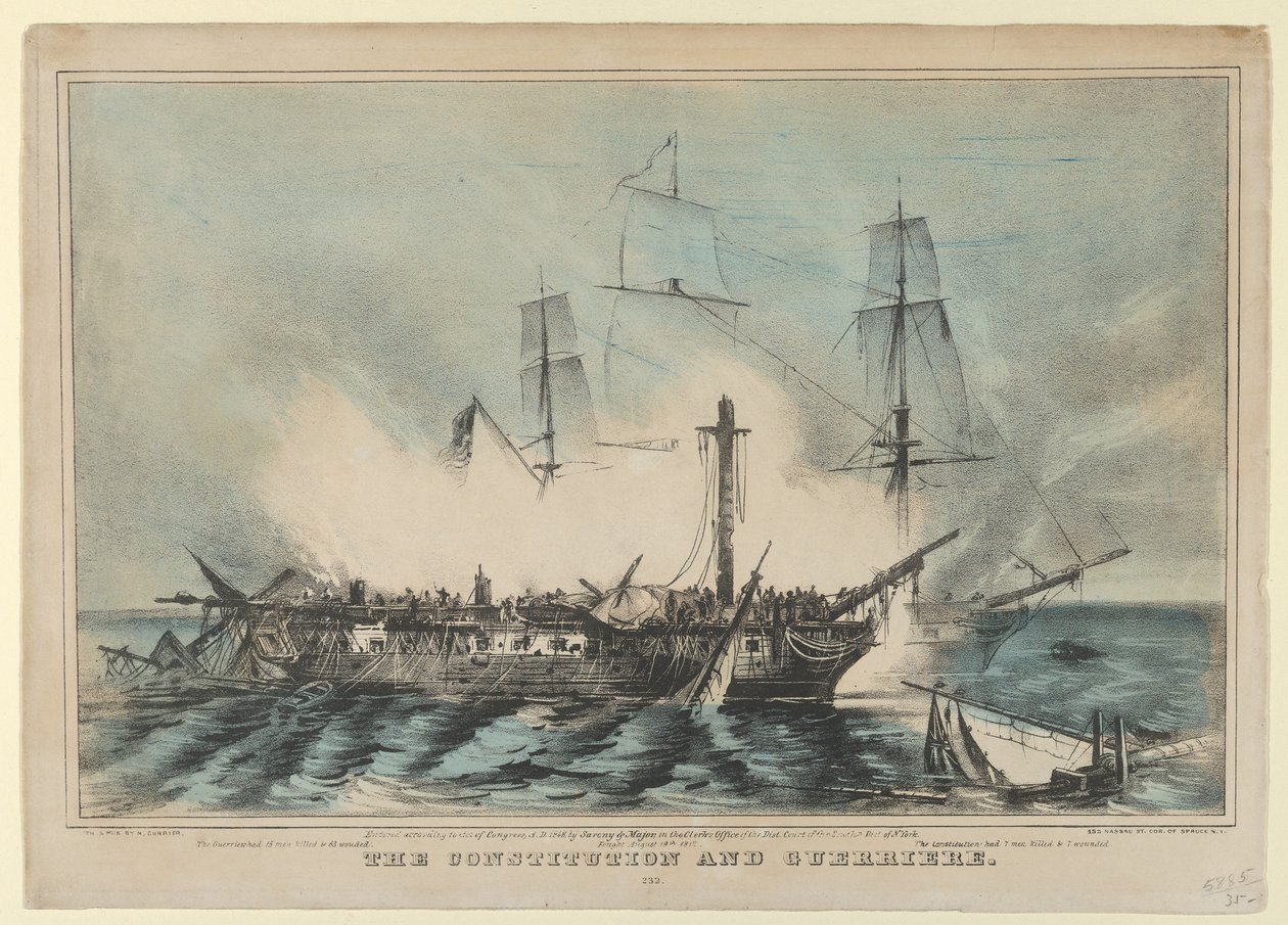 Ústava a Guerriere-bojovali 19. srpna 1812 - Guerriere zabil 15 mužů..., 1848. od Nathaniel Currier