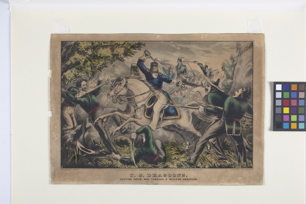 Američtí dragouni si prorážejí cestu mexickou Ambuscae (ručně kolorovaná litografie) od Nathaniel Currier