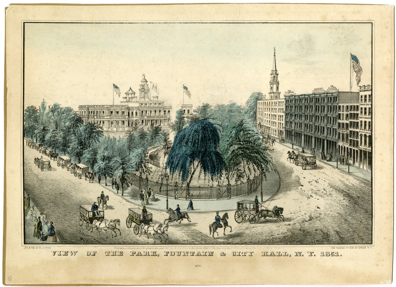 Pohled do parku, fontána a radnice, NY 1851, 1851 od Nathaniel Currier