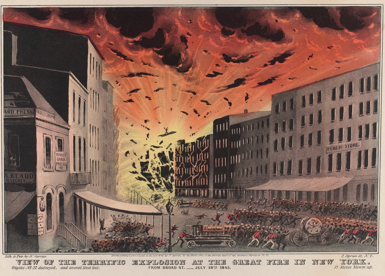 Pohled na úžasnou explozi při velkém požáru v New Yorku. Z Broad Street – 19. července 1845 od Nathaniel Currier