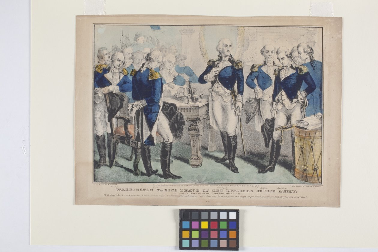Washington se rozchází s důstojníky své armády (ručně kolorovaná litografie) od Nathaniel Currier