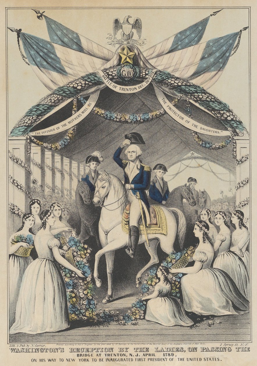 Washingtonova recepce dámami při průchodu mostem v Trentonu, duben 1789, na jeho cestě k inauguraci prvního prezidenta Spojených států od Nathaniel Currier