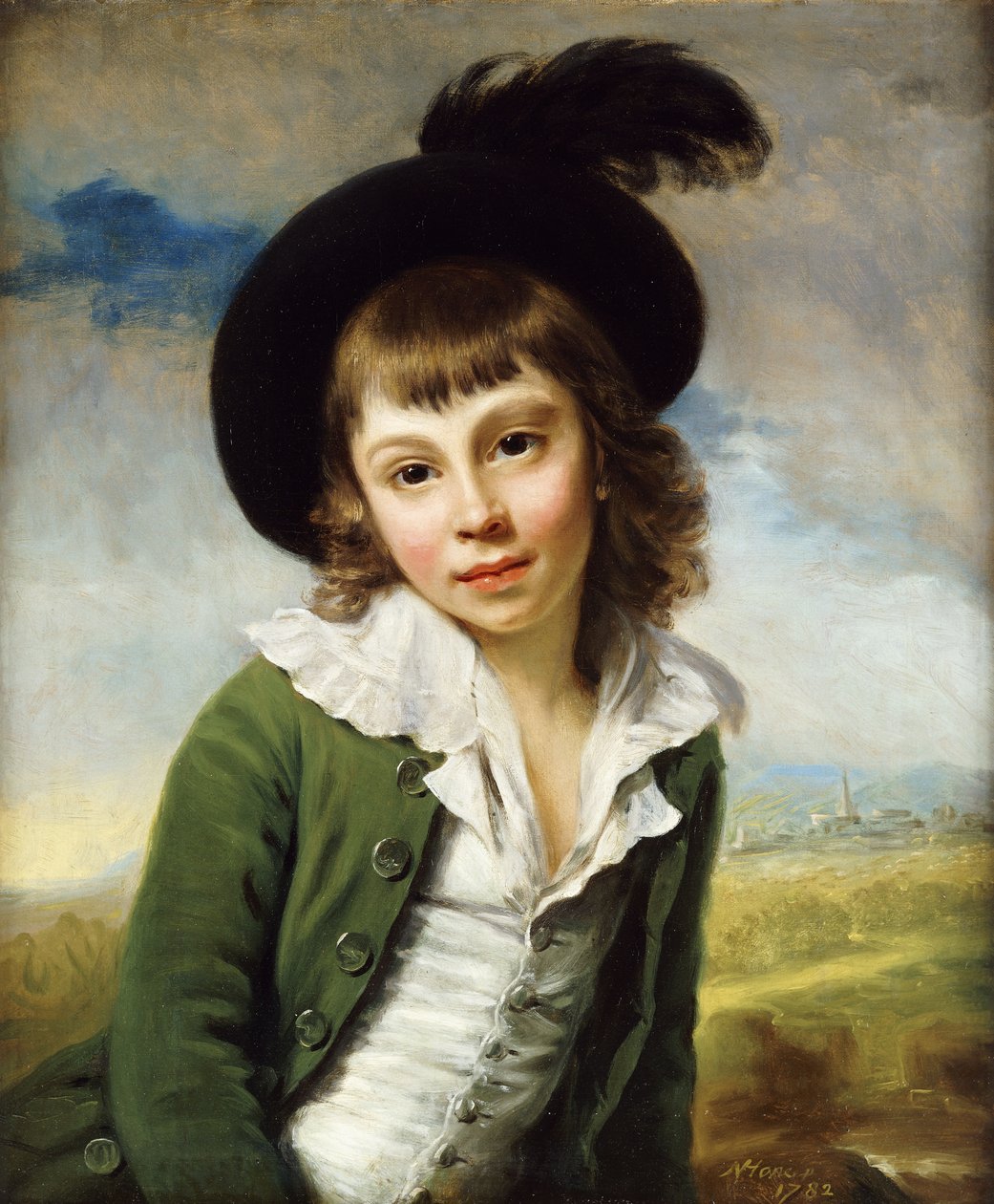 "The Green Boy": Portrét chlapce poloviční délky, v zeleném kabátě a černém klobouku s chocholem peří, 1782 od Nathaniel Hone