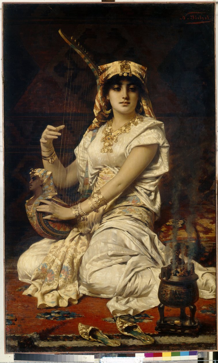 Almee (Almee). Portrét krásné, učené a vzdělané ženy, hrající na hudbu, oblečená v egyptském kostýmu. Obraz Nathaniela Sichela (1843-1907), olej na plátně od Nathaniel Sichel