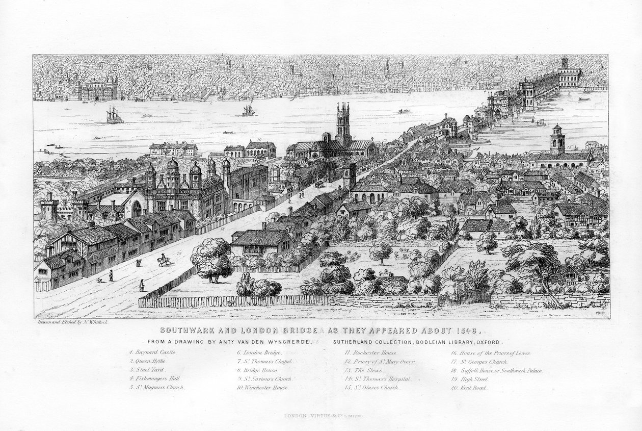 Southwark a London Bridge, jak se objevily kolem roku 1546, c1860. od Nathaniel Whittock