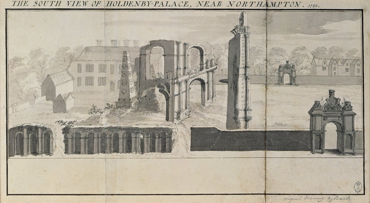 Jižní pohled na Holdenby House a ruiny, jak je vidět v roce 1729 od Nathaniel and Samuel Buck