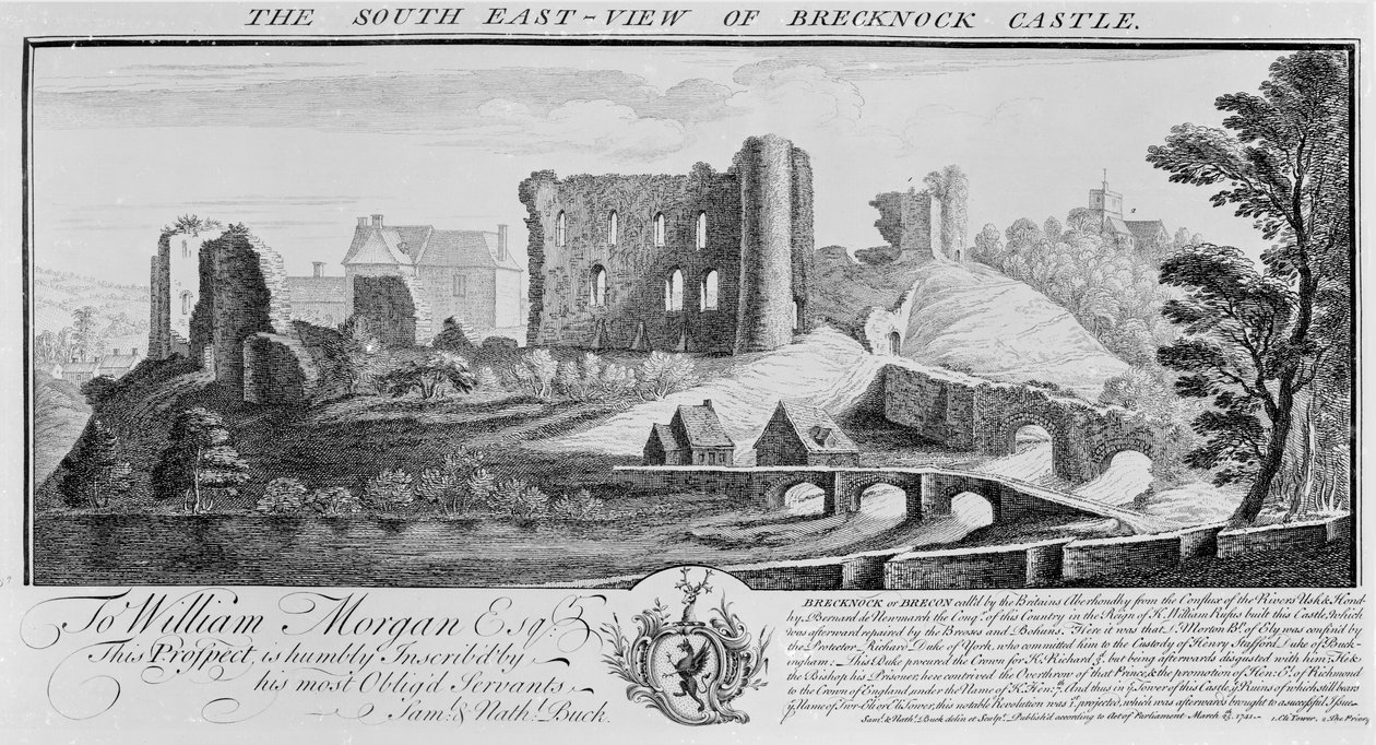 Jihovýchodní pohled na hrad Brecknock, 1741 od Nathaniel and Samuel Buck