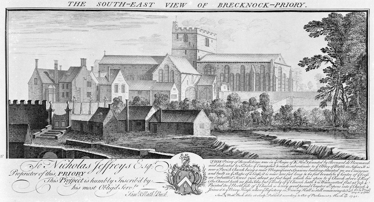 Jihovýchodní pohled na Brecknock Priory, 1741 od Nathaniel and Samuel Buck