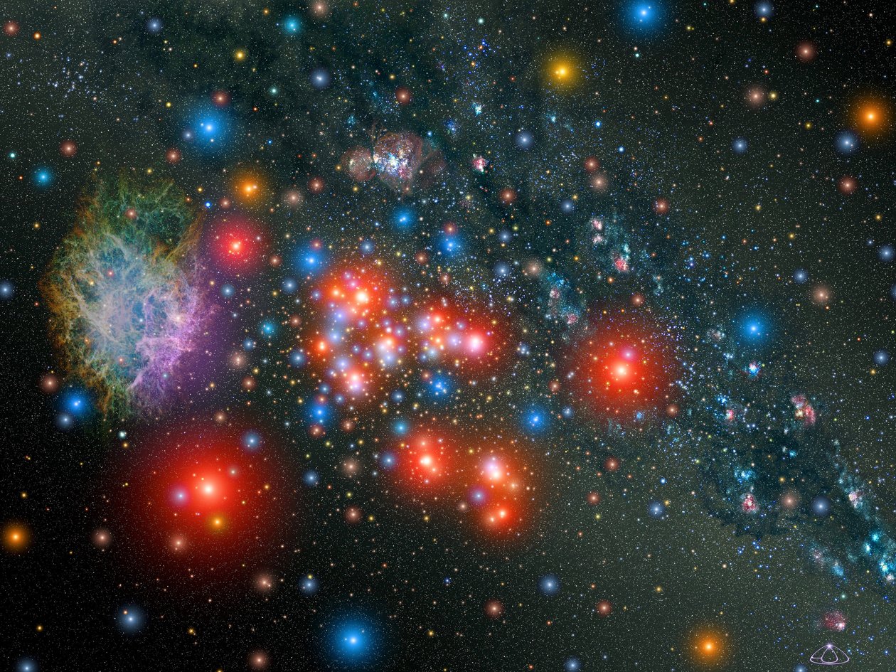 Umělecký dojem z masivní hvězdokupy v naší Galaxii Mléčná dráha hoří září 14 vzácných červených veleobrů, které jsou rozptýleny mladými modrými hvězdami. Hvězdokupa obsahuje asi 20 000 hvězd. C od National Aeronautics and Space Administration National Aeronautics and Space Administration