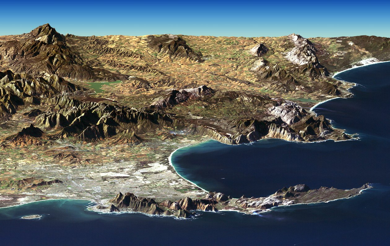 Kapské Město a Cape of Good Hope, Jižní Afrika, v popředí perspektivního pohledu generovaného ze satelitního snímku Landsat a údajů o nadmořské výšce z mise Shuttle Radar Topography Mission (SRTM). Poděkujte NASA od National Aeronautics and Space Administration National Aeronautics and Space Administration