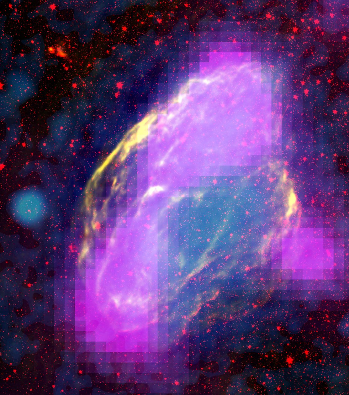 Emisní oblasti GeV-gama záření (purpurová) ve zbytku supernovy W44. Prvky se jasně shodují s vlákny v jiných vlnových délkách. Kompozitní, slučující rentgenové paprsky (modrá) mise ROSAT, infračervená (červená) NASA. Scie od National Aeronautics and Space Administration National Aeronautics and Space Administration