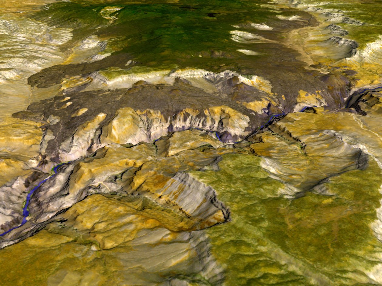 Satelitní termální emisní a odrazový snímek Grand Canyonu, Arizona, USA. Protože různé minerály odrážejí různé části světelného spektra, je vidět různé minerální složení. od National Aeronautics and Space Administration National Aeronautics and Space Administration
