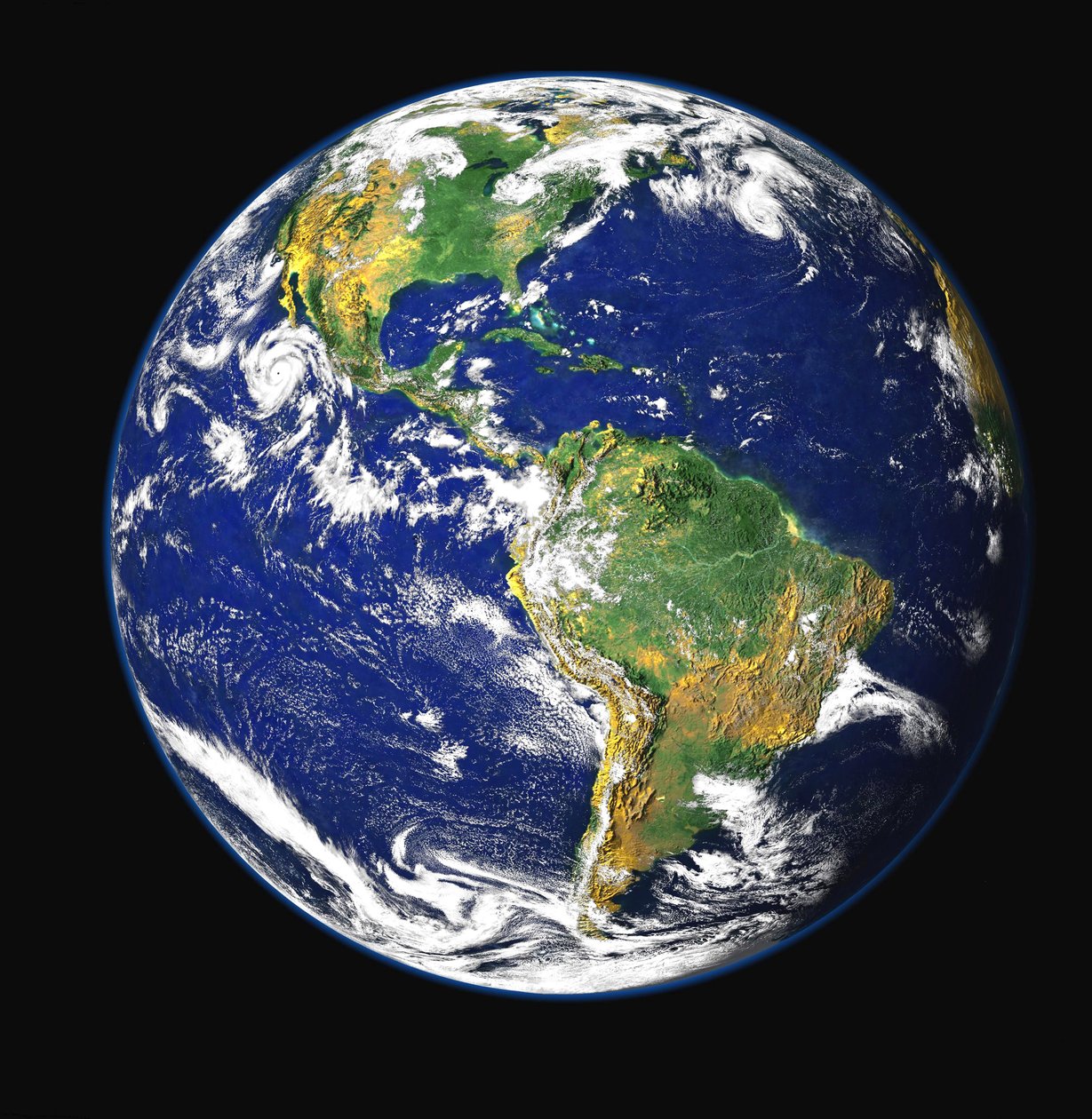 Satelitní pohled na Severní, Střední a Jižní Ameriku, zasazený mezi Tichý a Atlantský oceán. Kredit: NASA. Věda Země Geologie Oceánografie od National Aeronautics and Space Administration National Aeronautics and Space Administration