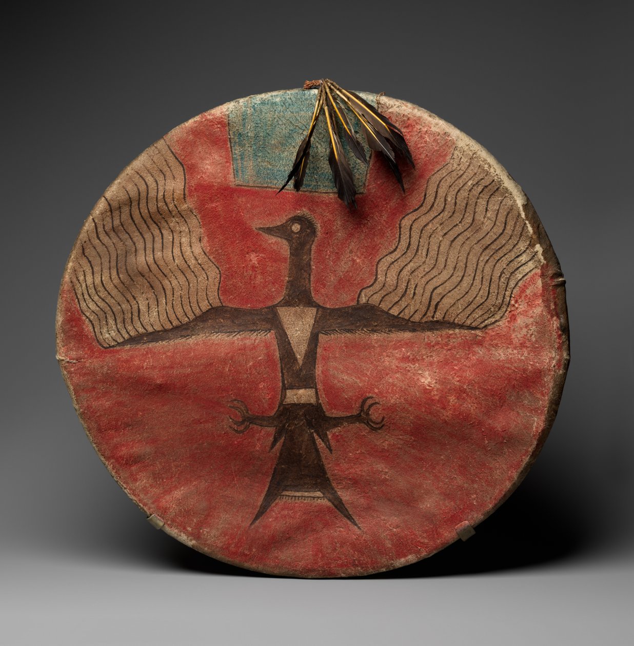 Shield, cca 1885 (vyčiněná kůže, pigment, dřevo a peří) od Native American
