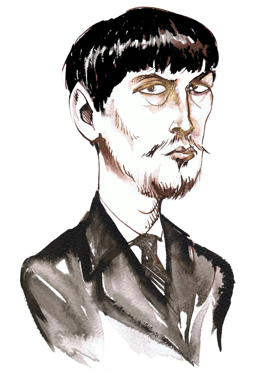 Achille-Claude Debussy , francouzský skladatel (1862-1918), inkoustová karikatura jako mladý muž od Neale Osborne